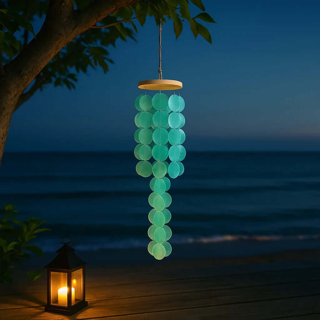 Blue capiz shell wind chimes for outside Home decor Handcrafted - Hadi Craft