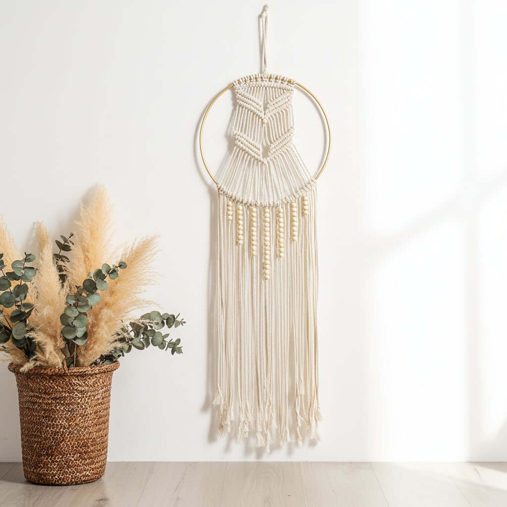Boho Macrame Wall Shelf Hanging – Woven Cotton Decor with Bamboo Ring - Hadi Craft