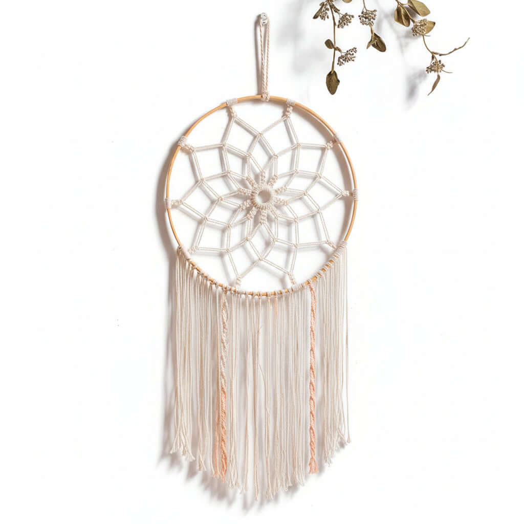 Boho Macrame Wall Shelf Hanging – Woven Cotton Decor with Bamboo Ring - Hadi Craft