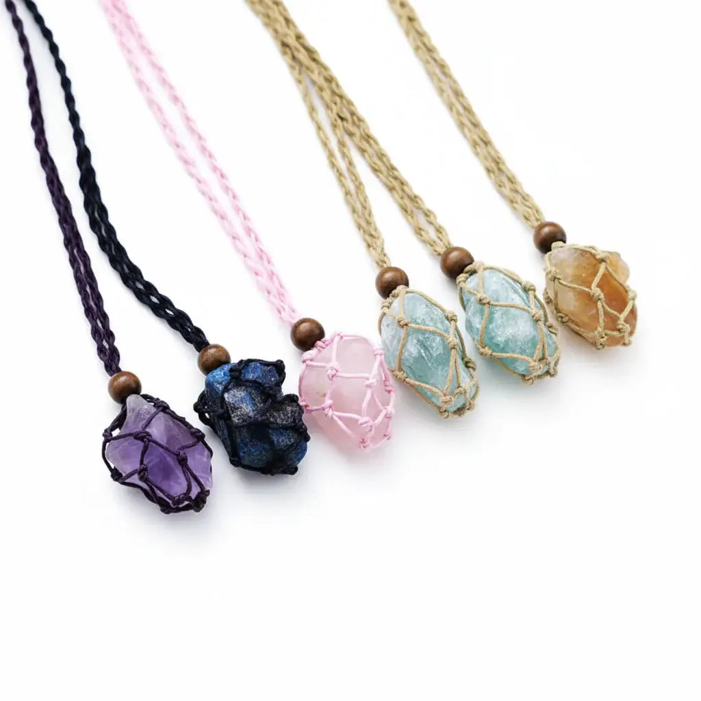 Boho Raw Crystal Macrame Necklace – Natural Stone Handmade Spiritual Pendant for Women - Hadi Craft