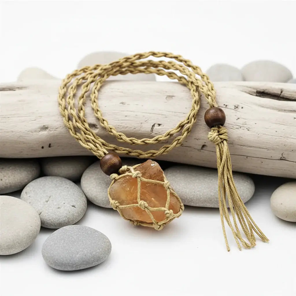 Boho Raw Crystal Macrame Necklace – Natural Stone Handmade Spiritual Pendant for Women - Hadi Craft