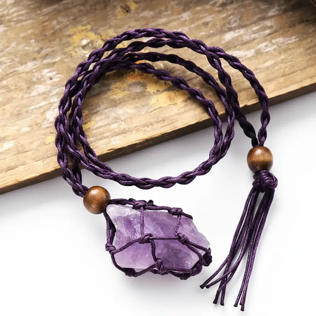 Boho Raw Crystal Macrame Necklace – Natural Stone Handmade Spiritual Pendant for Women - Hadi Craft