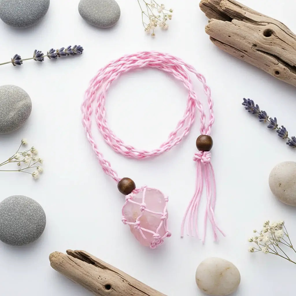 Boho Raw Crystal Macrame Necklace – Natural Stone Handmade Spiritual Pendant for Women - Hadi Craft
