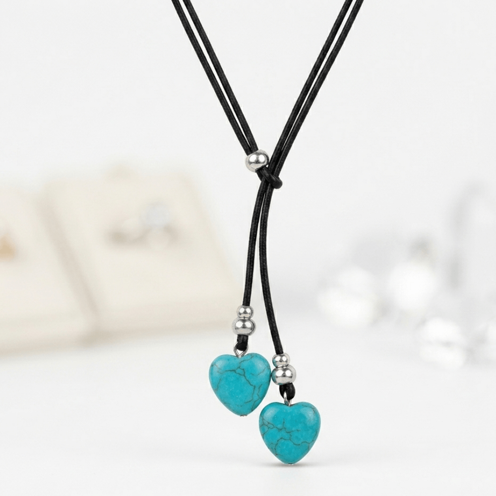 Boho Turquoise Double Layer Rope Necklace for Women | Retro Heart Pendant Statement Jewelry Gift - Hadi Craft