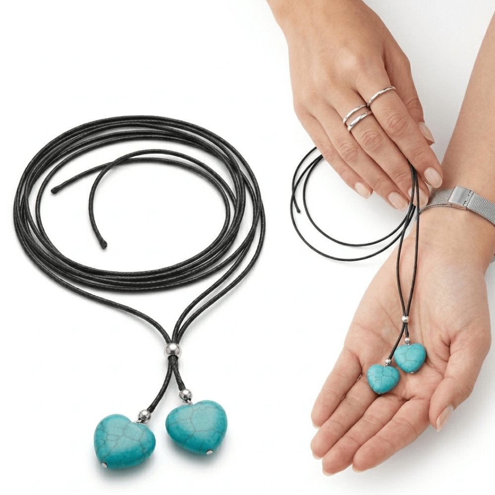 Boho Turquoise Double Layer Rope Necklace for Women | Retro Heart Pendant Statement Jewelry Gift - Hadi Craft