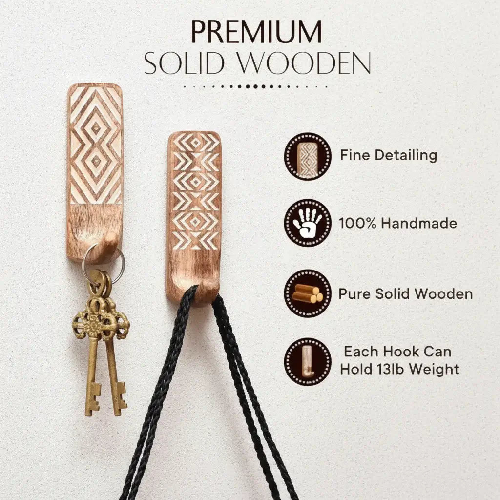 Boho adhesive wall hooks Decorative Wood Adhesive Wall Hooks for Coats - Hadi Craft
