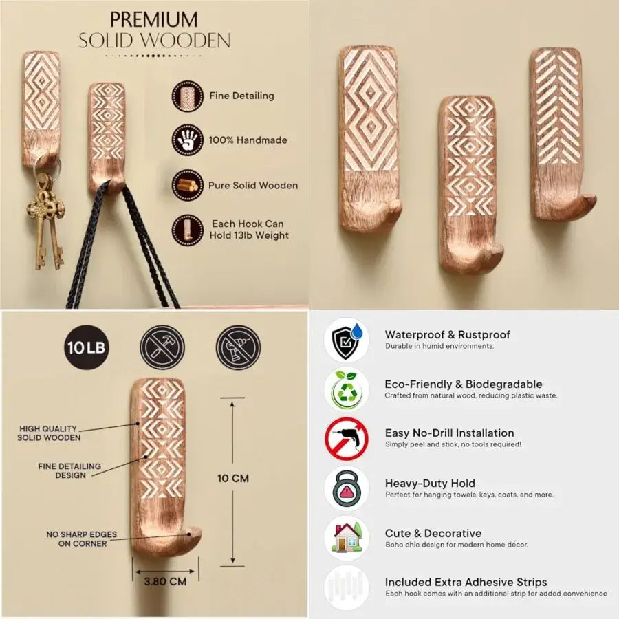 Boho adhesive wall hooks Decorative Wood Adhesive Wall Hooks for Coats - Hadi Craft