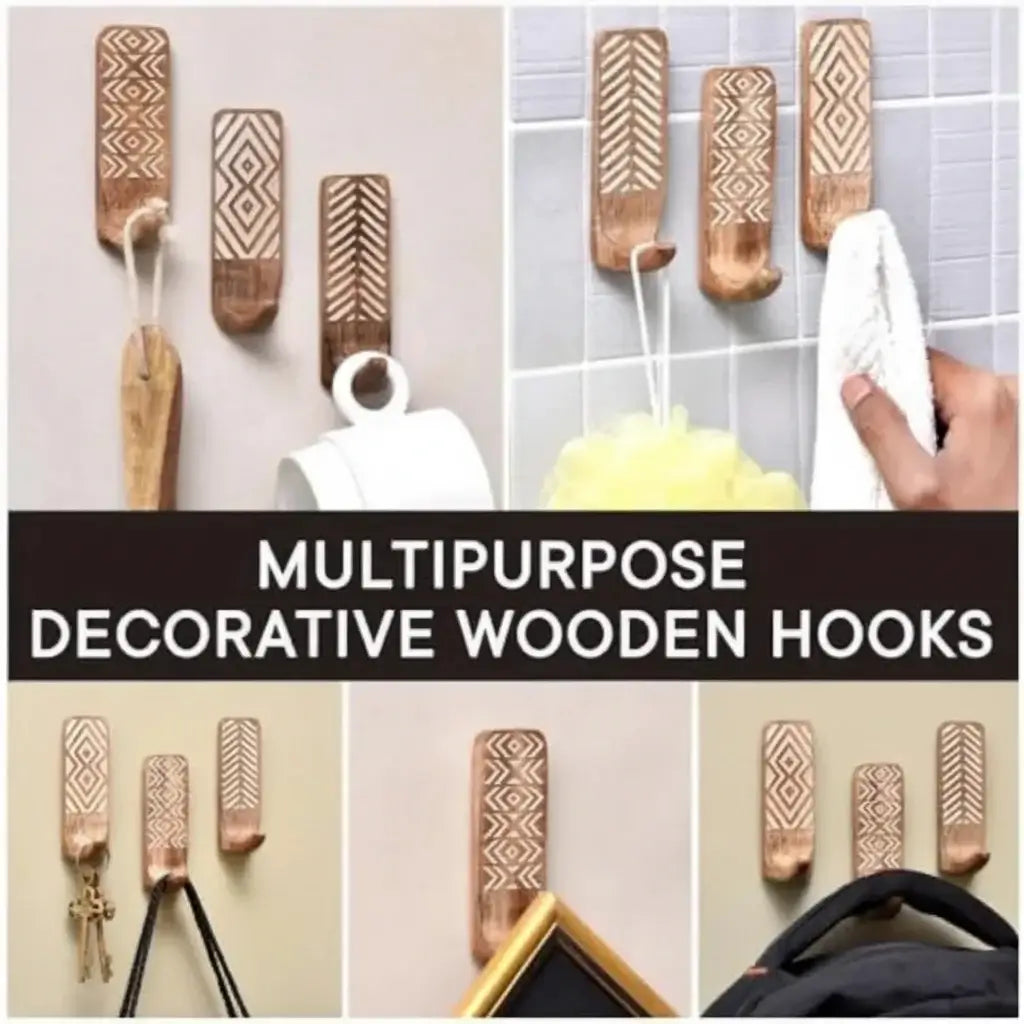 Boho adhesive wall hooks Decorative Wood Adhesive Wall Hooks for Coats - Hadi Craft