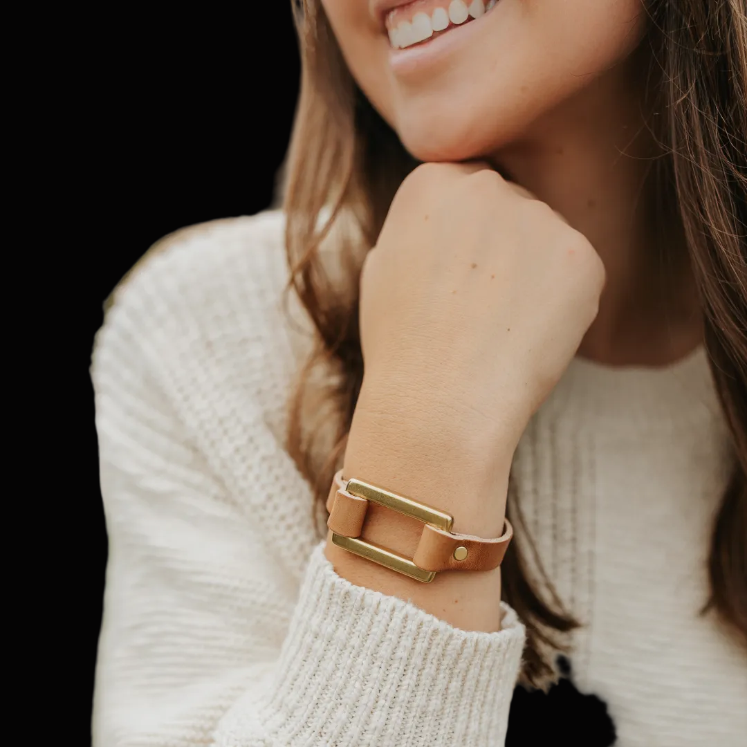 Premium Full Grain Leather Cascade Bracelet | Minimalist Leather Bracelet with Rectangular Ring