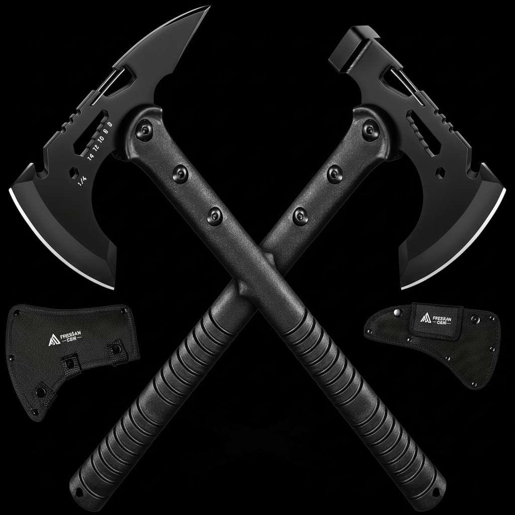 Camping Axe Set 4 Piece Tactical Hatchet Set with 2 Canvas Sheaths - Hadi Craft