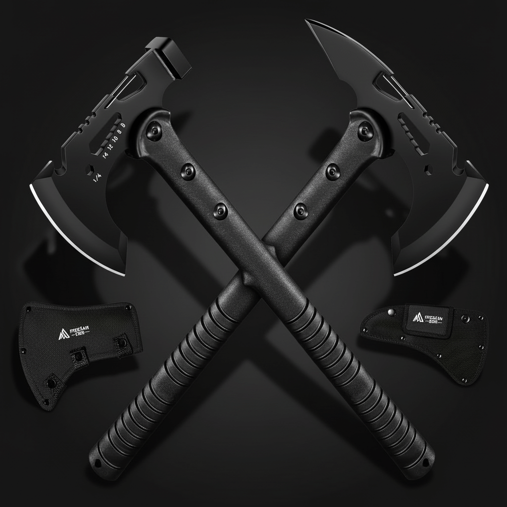 Camping Axe Set 4 Piece Tactical Hatchet Set with 2 Canvas Sheaths - Hadi Craft