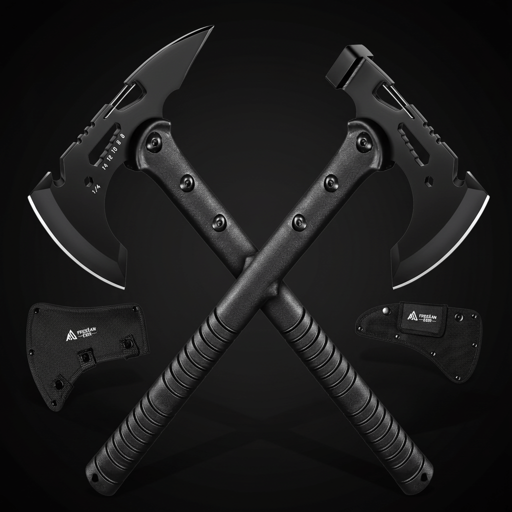 Camping Axe Set 4 Piece Tactical Hatchet Set with 2 Canvas Sheaths - Hadi Craft