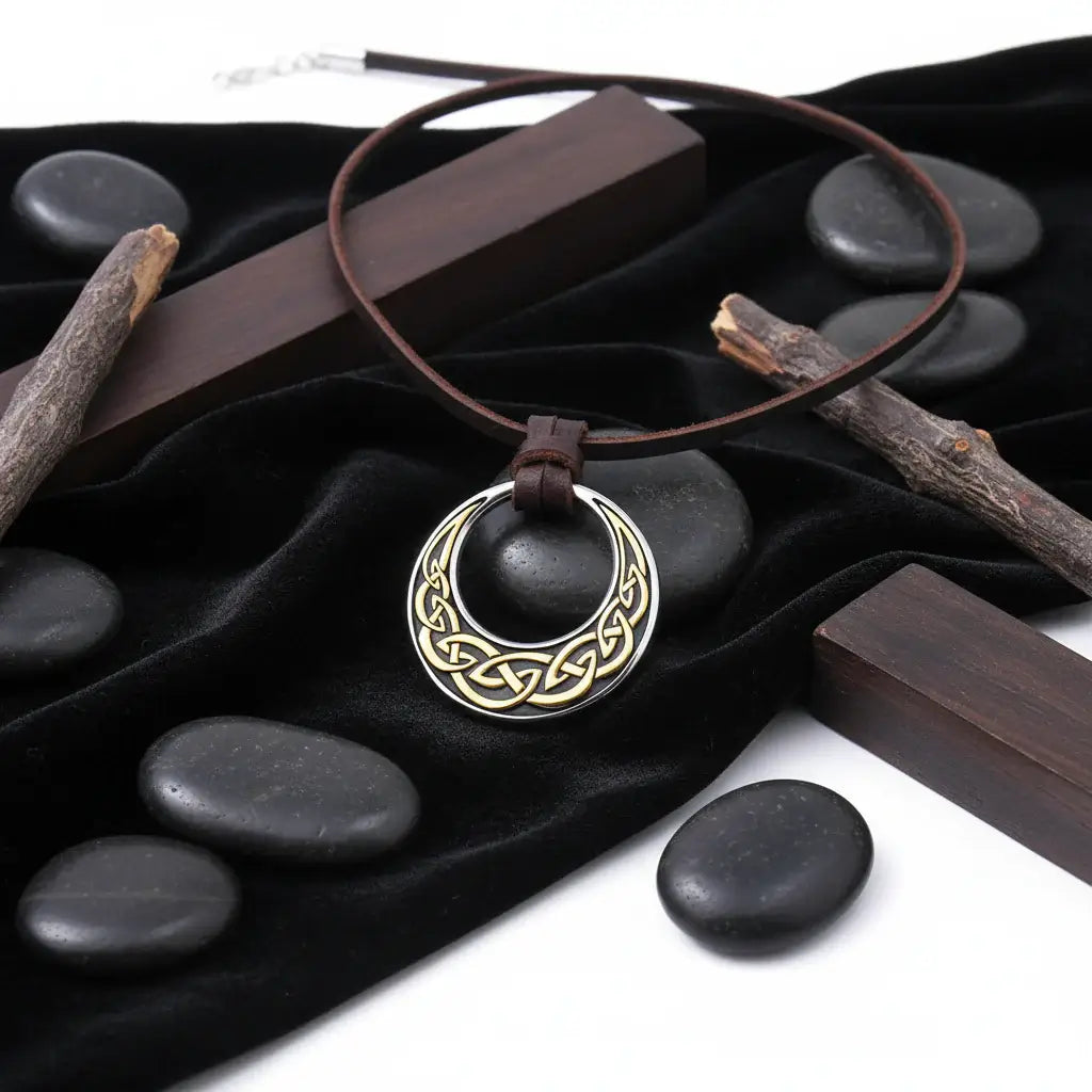 Celtic Knot Round Stainless Steel Pendant Necklace for Men – Adjustable Leather Cord Viking Gift Box - Hadi Craft