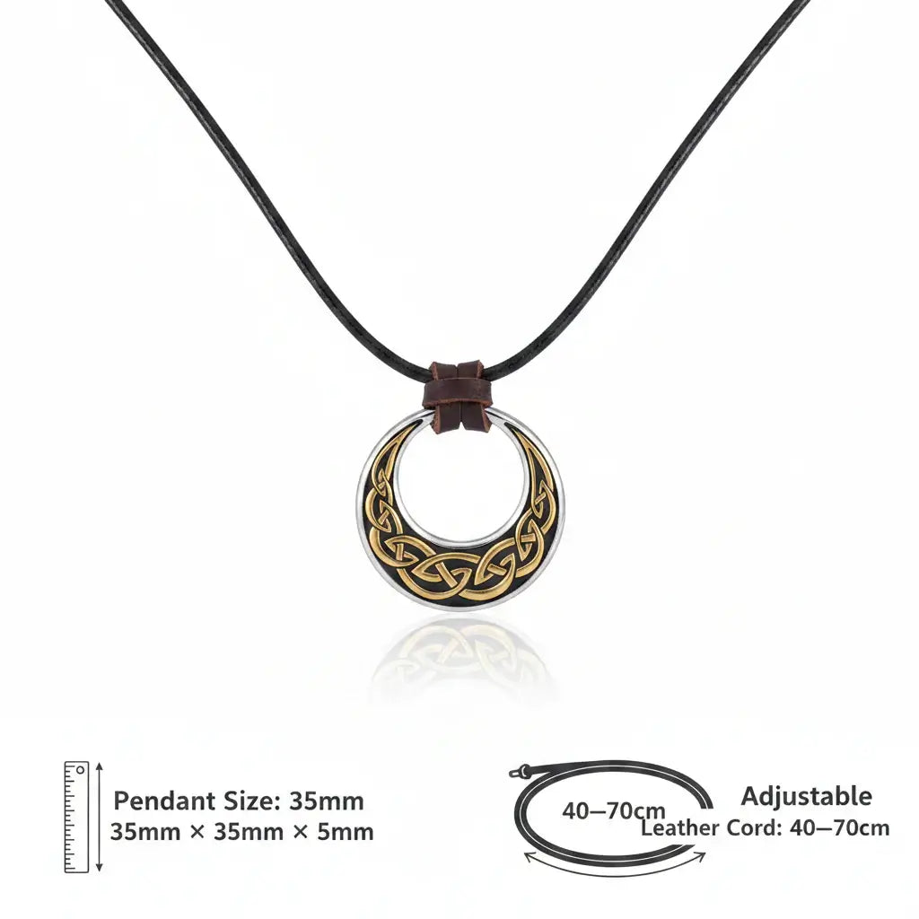 Celtic Knot Round Stainless Steel Pendant Necklace for Men – Adjustable Leather Cord Viking Gift Box - Hadi Craft