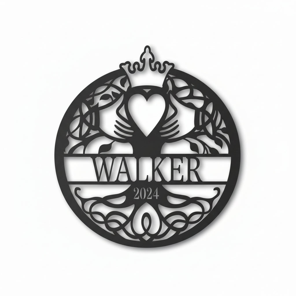 Custom Metal Claddagh Family Monogram | Irish Family Wall Sign | 12–46" | 14 Color Options