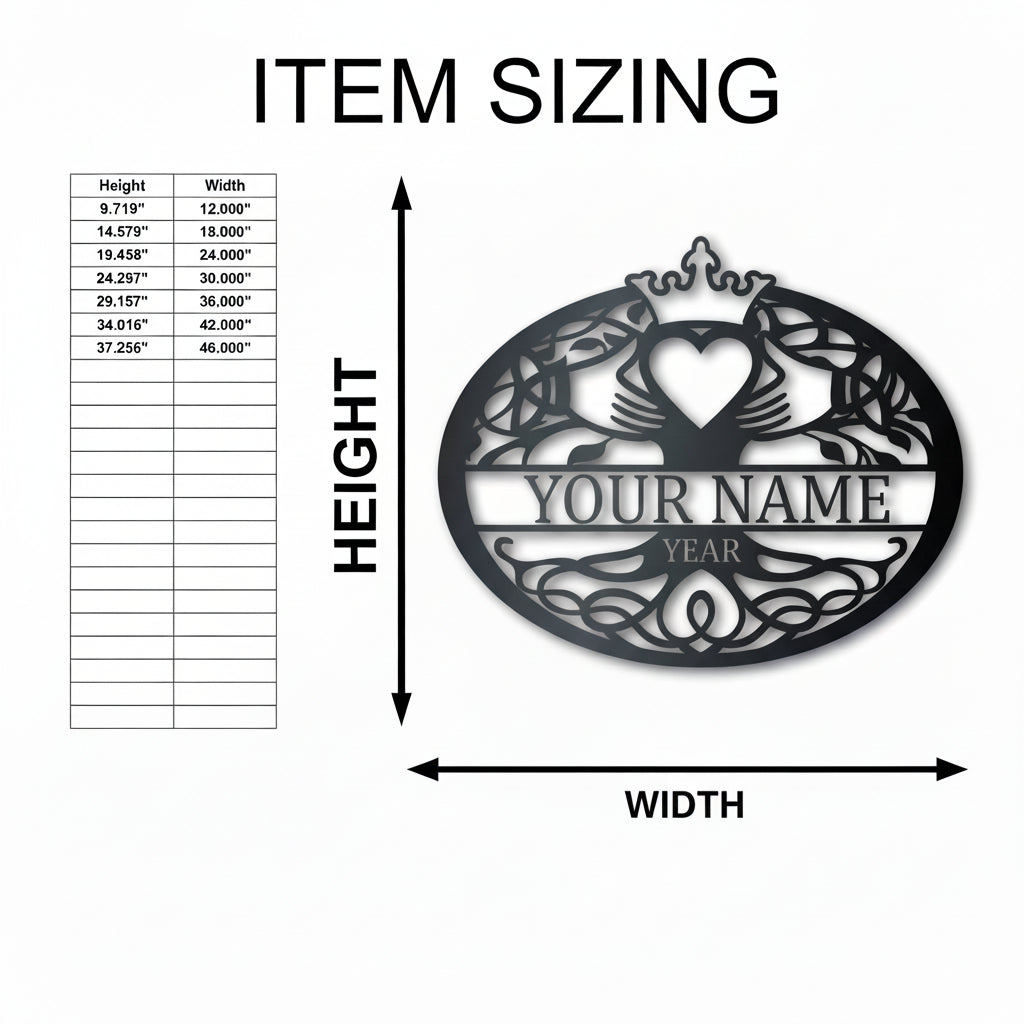 Custom Metal Claddagh Family Monogram | Irish Family Wall Sign | 12–46" | 14 Color Options