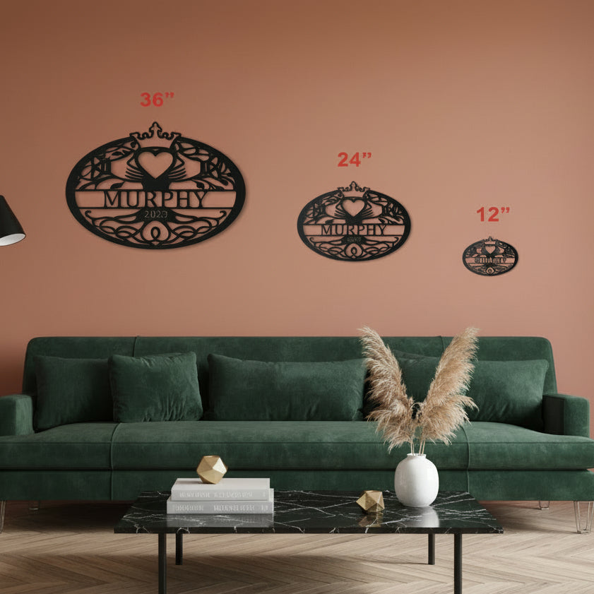 Custom Metal Claddagh Family Monogram | Irish Family Wall Sign | 12–46" | 14 Color Options