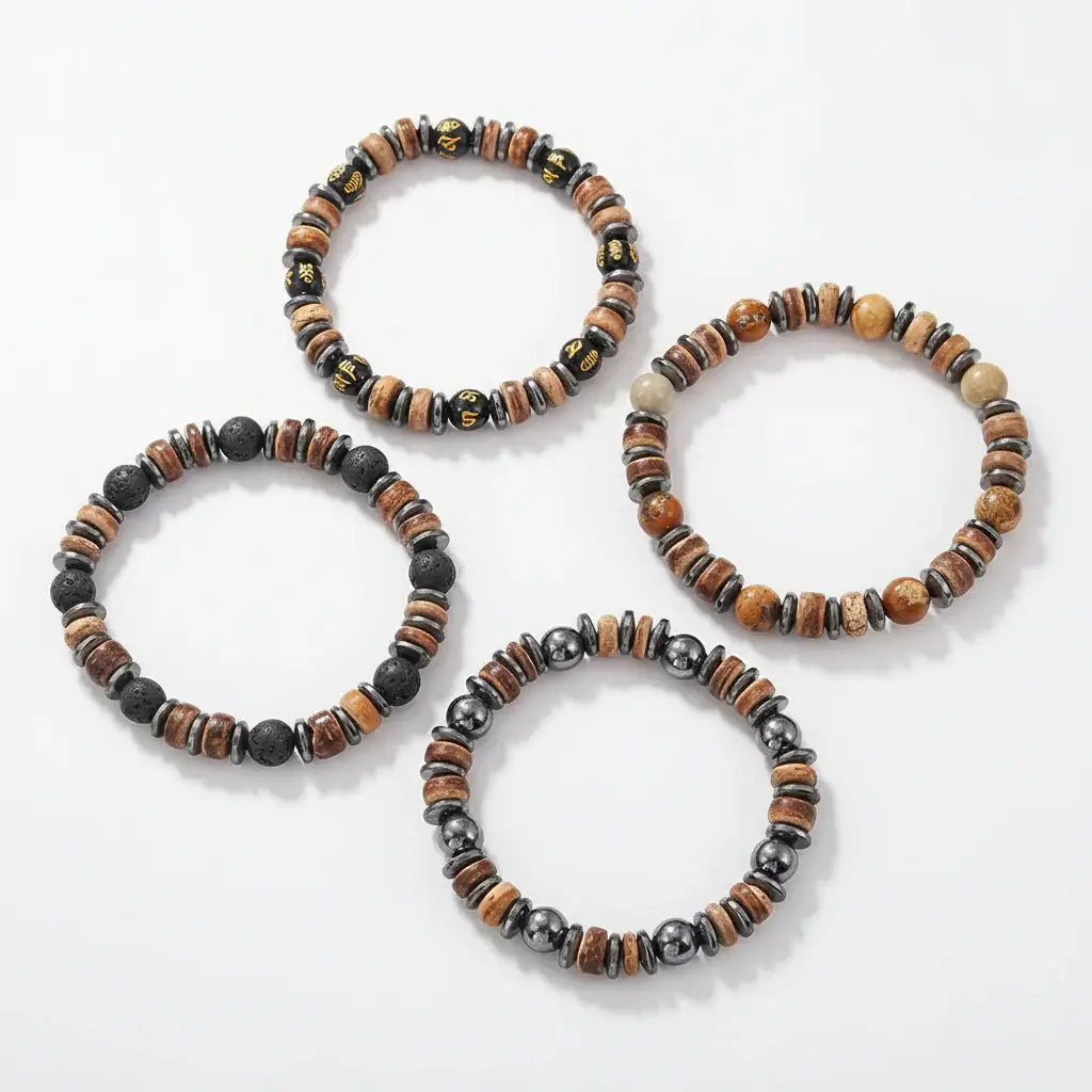 Coconut Shell Bracelet For Men Bohemian Tribal Wooden Beaded Wristband - Hadi Craft