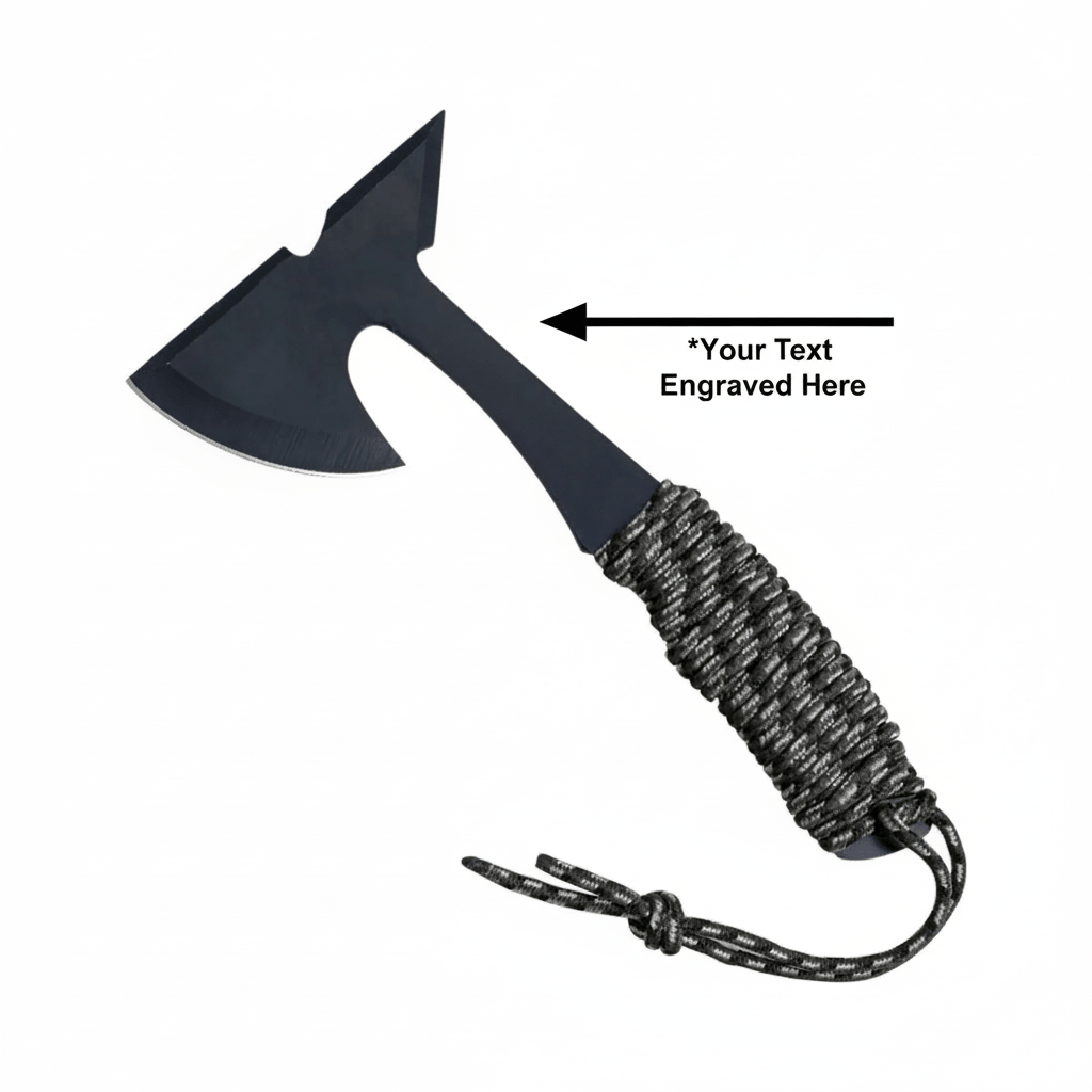 Compact tactical axe with stainless steel head cord wrapped handle. - Hadi Craft
