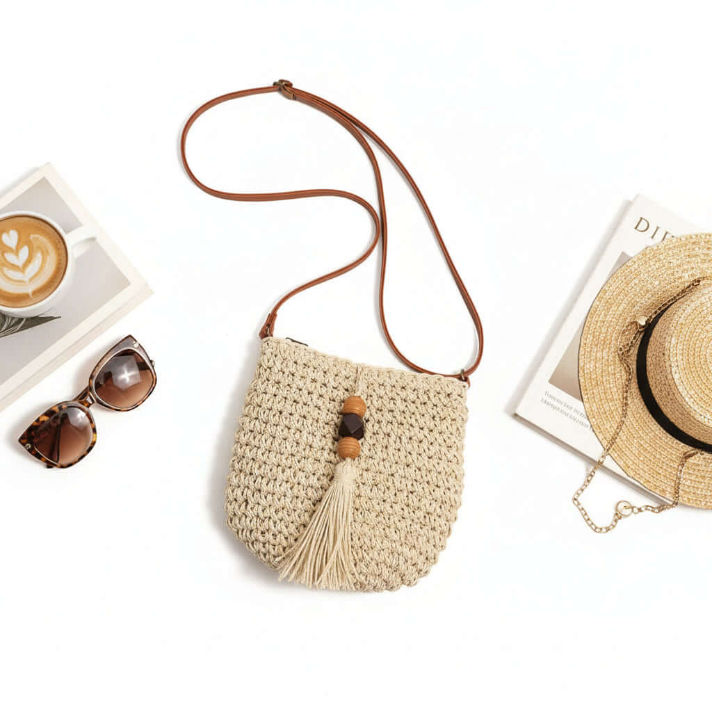 Crossbody Straw Beach Bag with Wooden Bead Tassels - Hadi Craft
