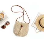 Crossbody Straw Beach Bag with Wooden Bead Tassels - Hadi Craft