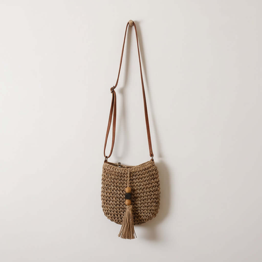 Crossbody Straw Beach Bag with Wooden Bead Tassels - Hadi Craft