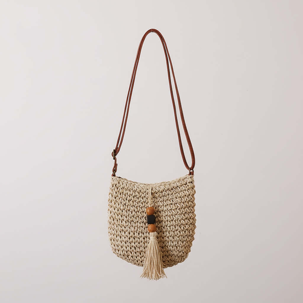 Crossbody Straw Beach Bag with Wooden Bead Tassels - Hadi Craft