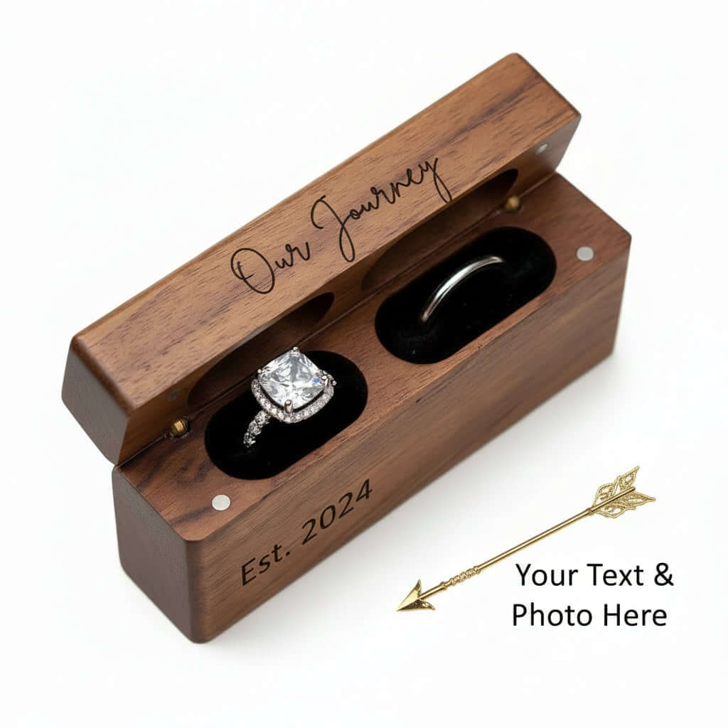 Custom Engraved Ring Box – Walnut Wood Wedding Name Jewelry Box - Hadi Craft