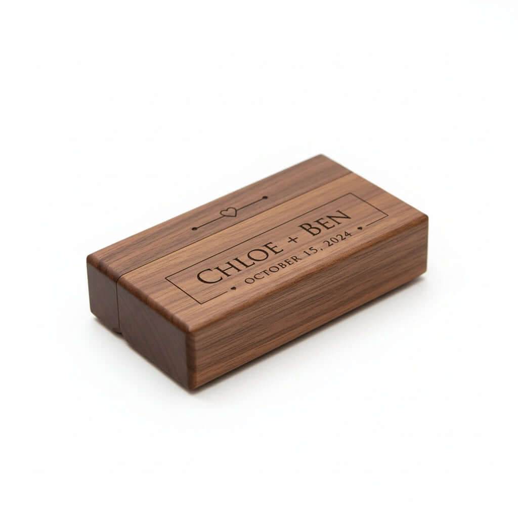 Custom Engraved Ring Box – Walnut Wood Wedding Name Jewelry Box - Hadi Craft
