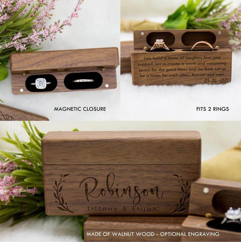Custom Engraved Ring Box – Walnut Wood Wedding Name Jewelry Box - Hadi Craft