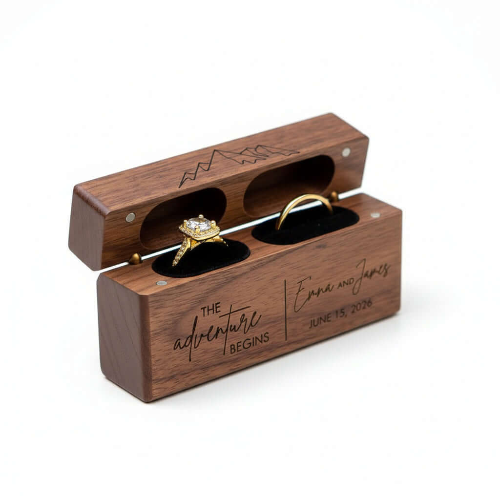 Custom Engraved Ring Box – Walnut Wood Wedding Name Jewelry Box - Hadi Craft