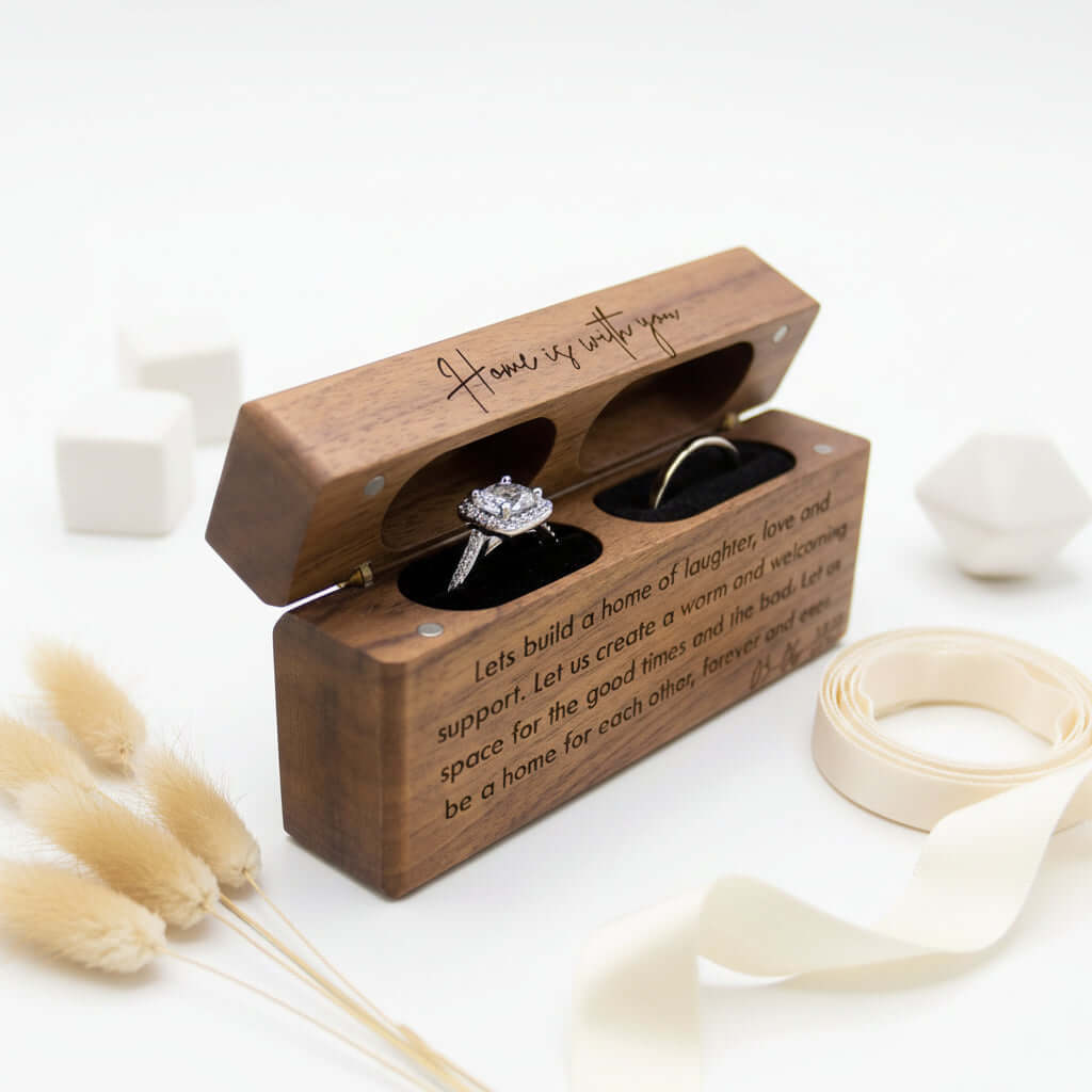 Custom Engraved Ring Box – Walnut Wood Wedding Name Jewelry Box - Hadi Craft