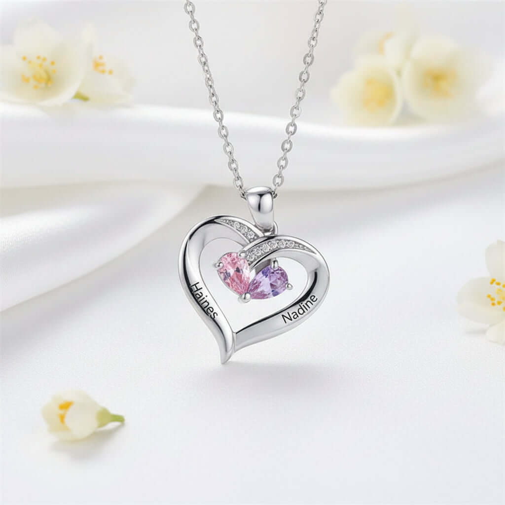 Custom Heart Gemstone Necklace – S925 Silver Personalized Name Pendant for Couples - Hadi Craft