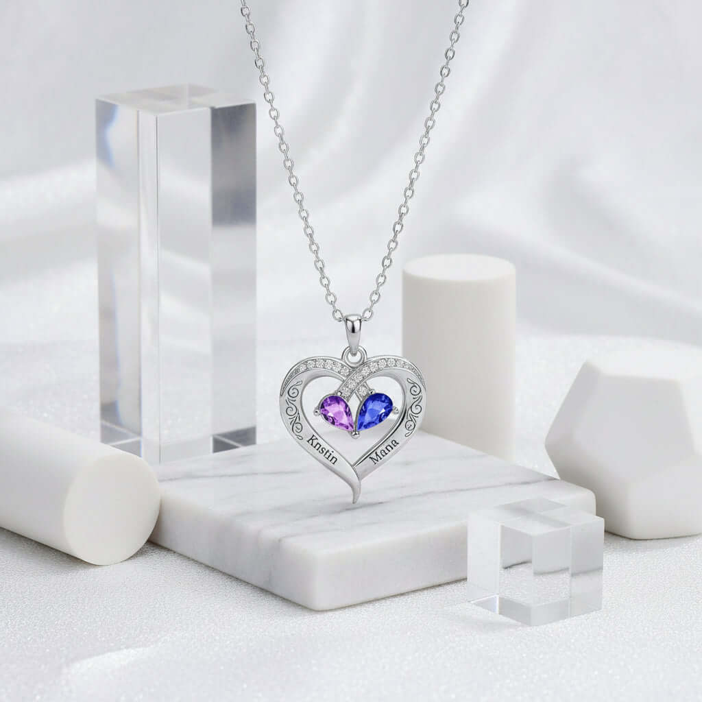 Custom Heart Gemstone Necklace – S925 Silver Personalized Name Pendant for Couples - Hadi Craft