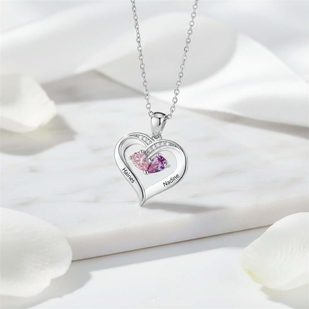 Custom Heart Gemstone Necklace – S925 Silver Personalized Name Pendant for Couples - Hadi Craft
