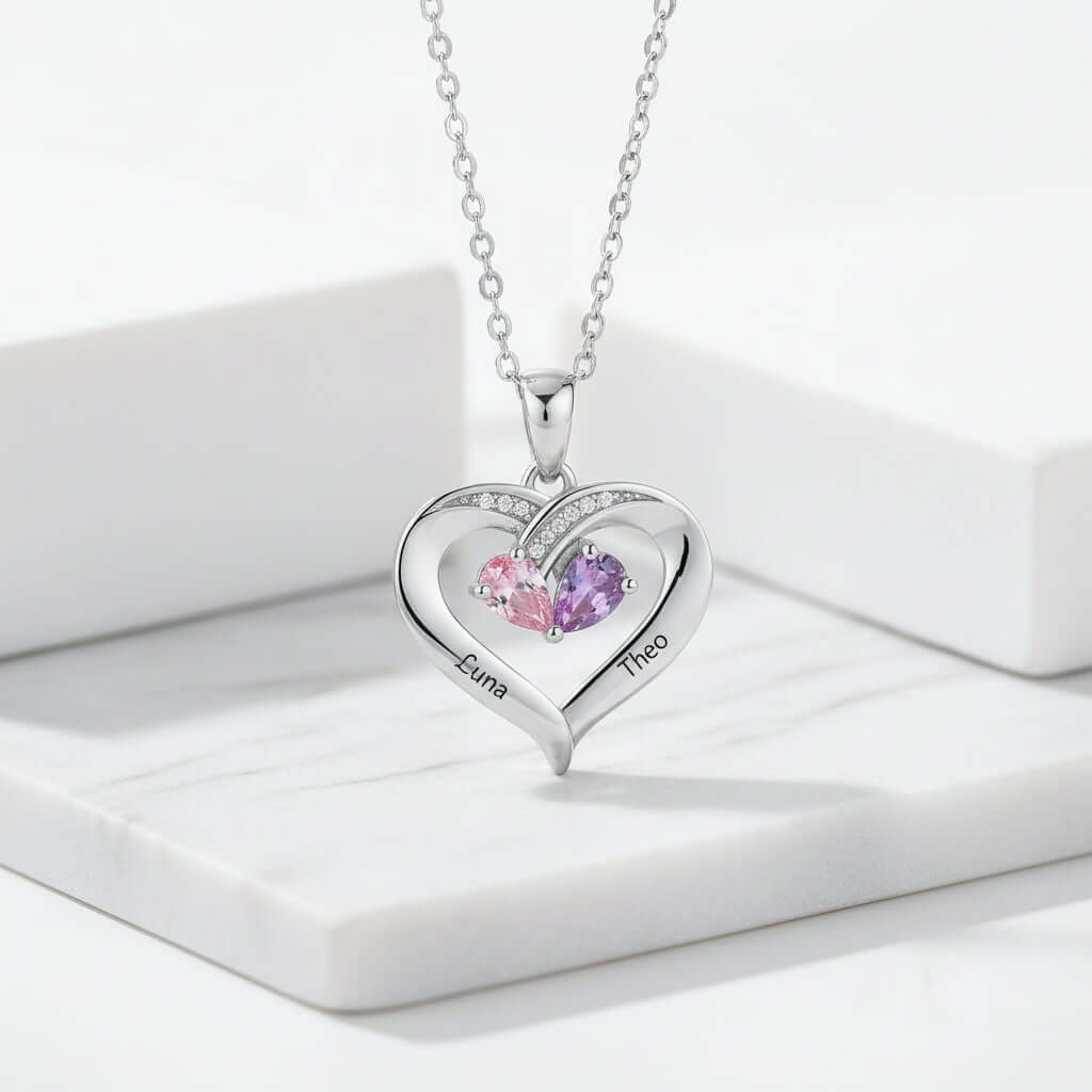 Custom Heart Gemstone Necklace – S925 Silver Personalized Name Pendant for Couples - Hadi Craft