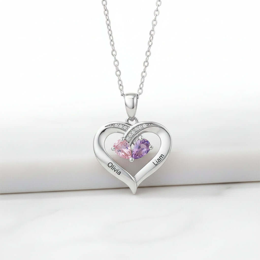 Custom Heart Gemstone Necklace – S925 Silver Personalized Name Pendant for Couples - Hadi Craft