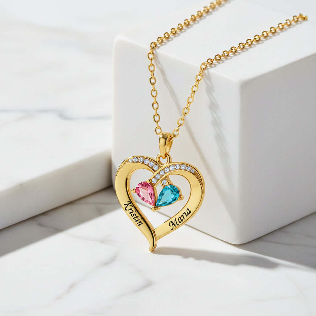 Custom Heart Gemstone Necklace – S925 Silver Personalized Name Pendant for Couples - Hadi Craft