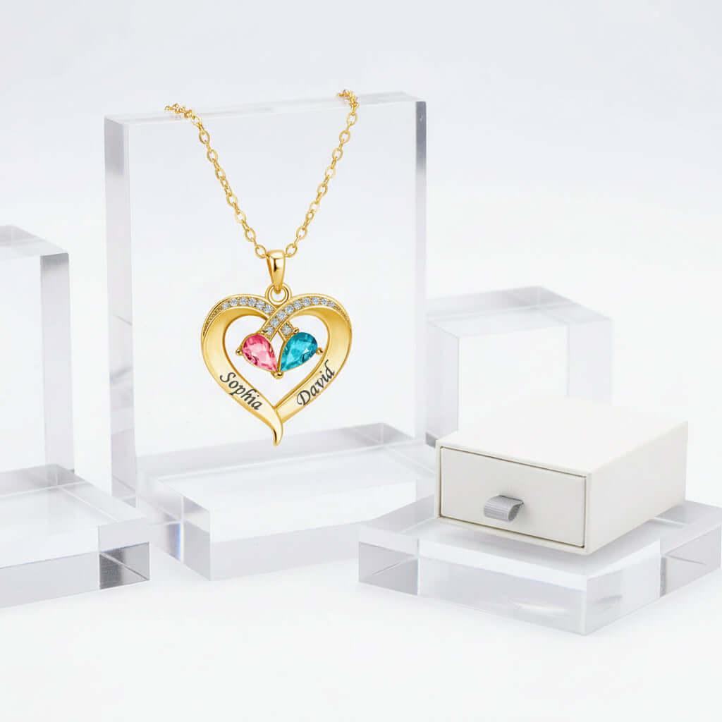Custom Heart Gemstone Necklace – S925 Silver Personalized Name Pendant for Couples - Hadi Craft