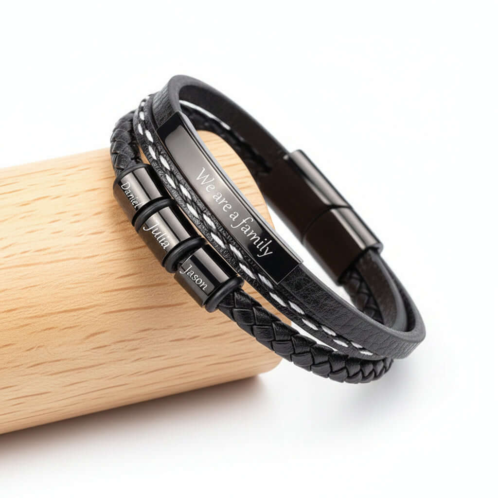 Custom Name Punk Leather Bracelet – Engraved Stainless Steel Wristband - Hadi Craft
