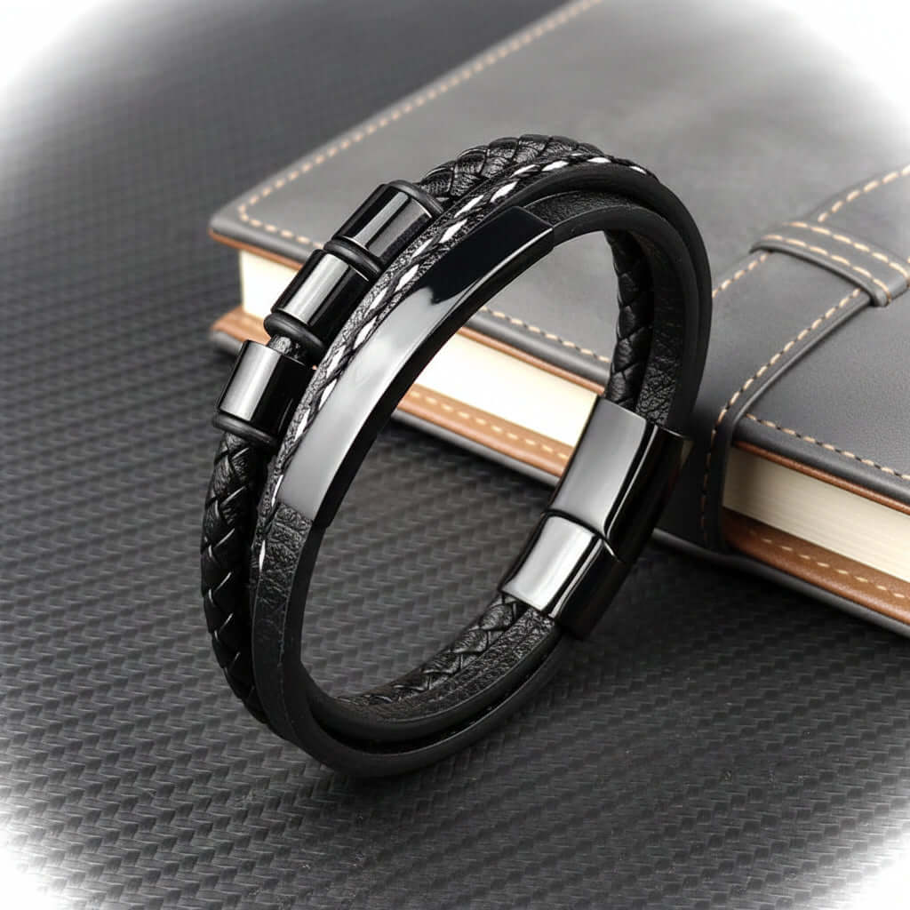 Custom Name Punk Leather Bracelet – Engraved Stainless Steel Wristband - Hadi Craft