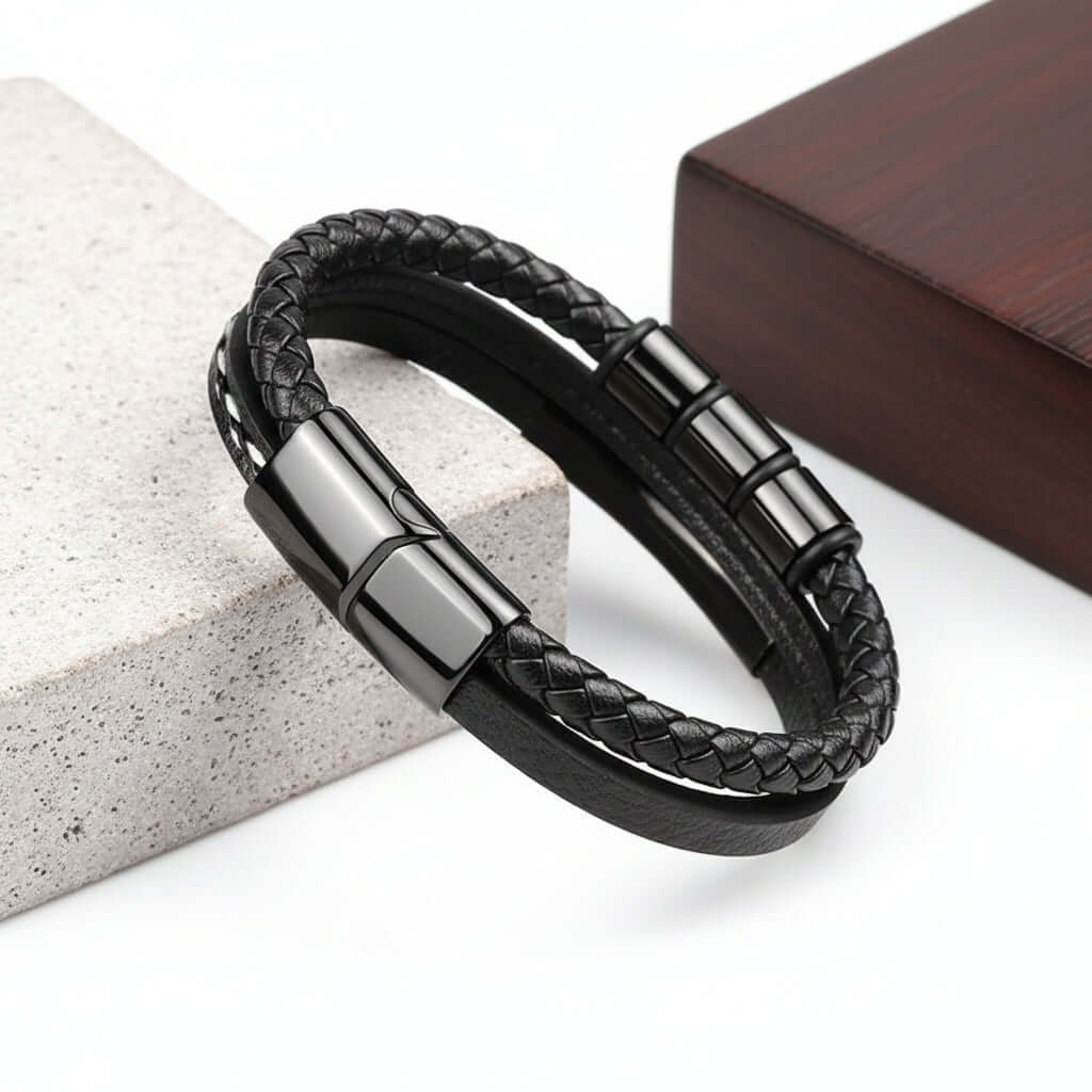 Custom Name Punk Leather Bracelet – Engraved Stainless Steel Wristband - Hadi Craft