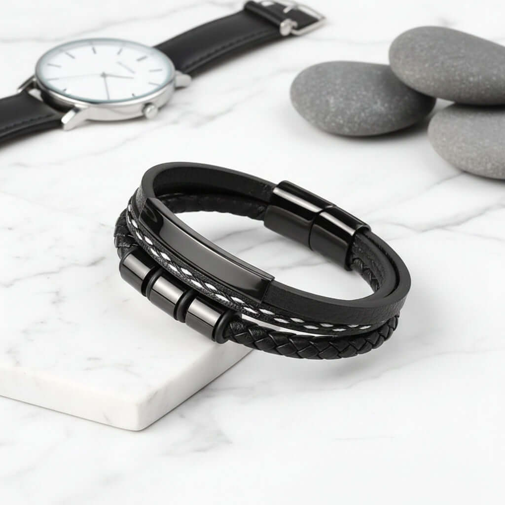 Custom Name Punk Leather Bracelet – Engraved Stainless Steel Wristband - Hadi Craft