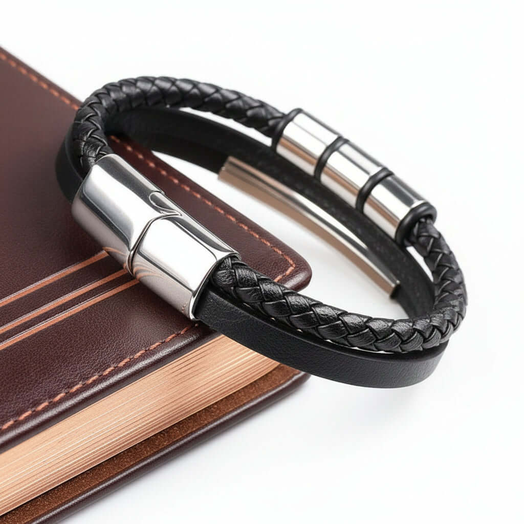 Custom Name Punk Leather Bracelet – Engraved Stainless Steel Wristband - Hadi Craft