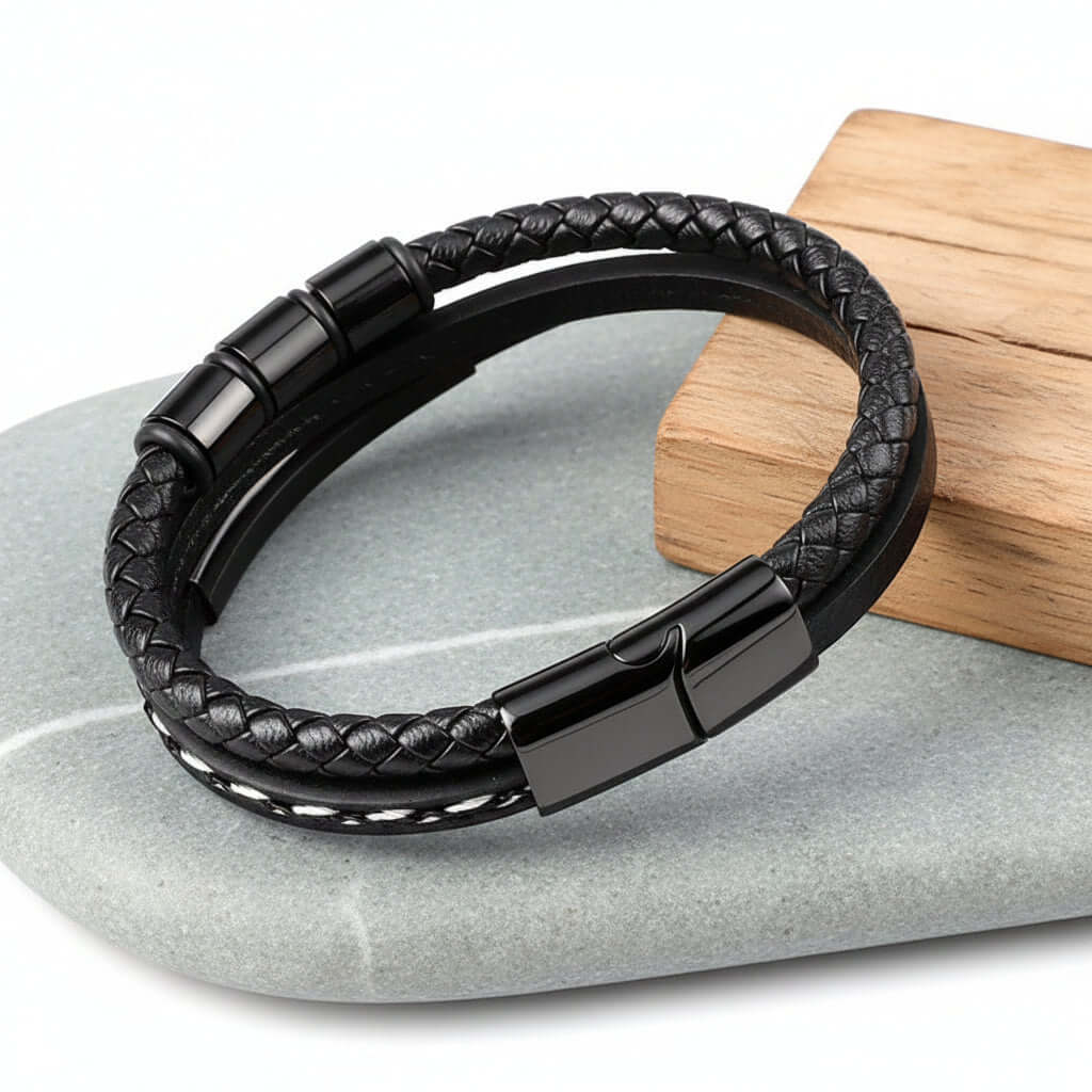 Custom Name Punk Leather Bracelet – Engraved Stainless Steel Wristband - Hadi Craft