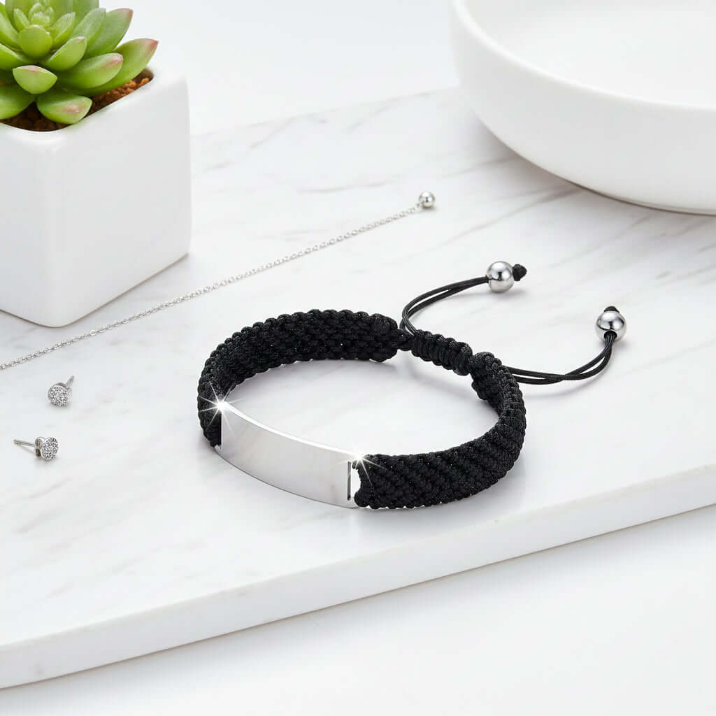 Custom engraved braided bracelet – Black Steel Engraved Wristband - Hadi Craft