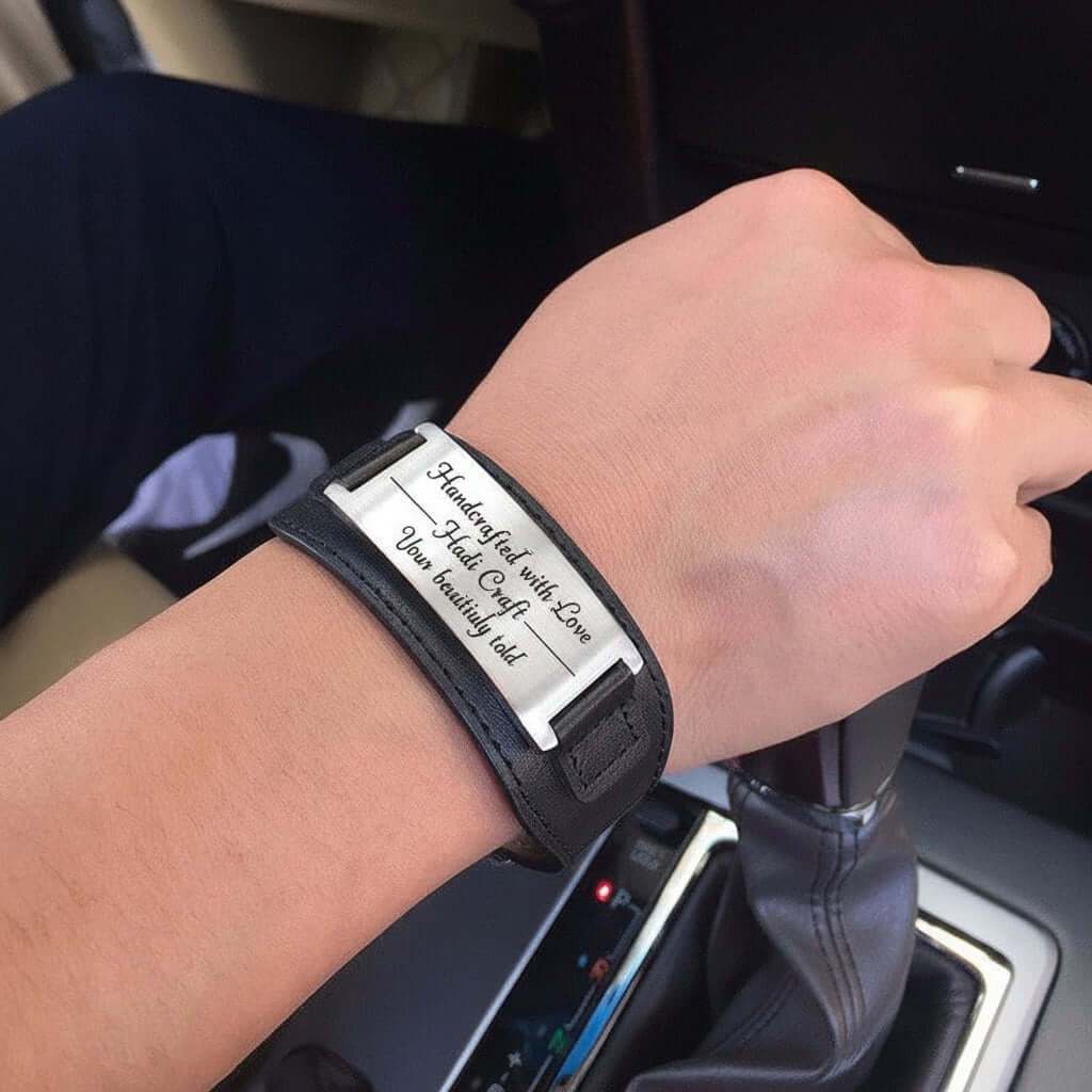 Custom engraved leather bracelet & Stainless Steel Bracelet – Unisex - Hadi Craft