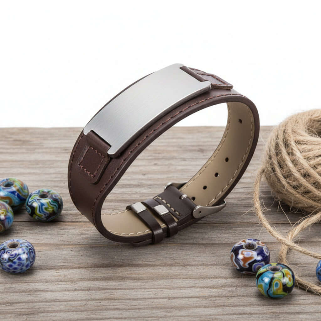 Custom engraved leather bracelet & Stainless Steel Bracelet – Unisex - Hadi Craft