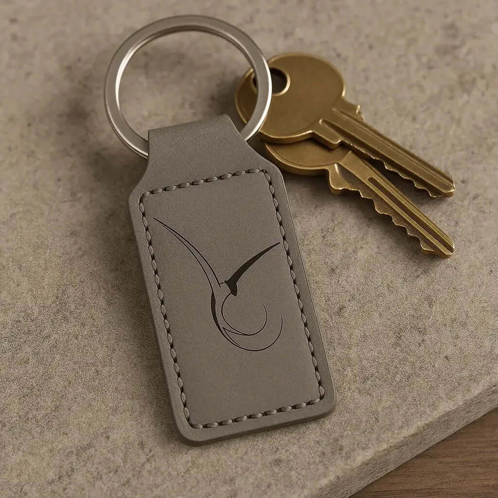 Custom gray leather rectangle keychain customize laser engraving - Hadi Craft