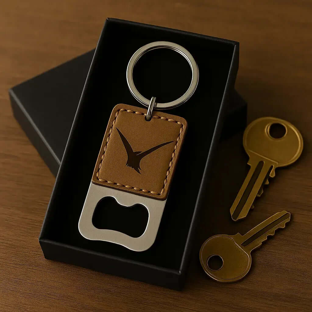 Custom leather keychain bottle opener customize laser engraving - Hadi Craft